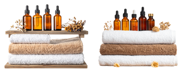 Rustic Spa Arrangement with Soft Towels and Amber Bottles, isolated on transparent background PNG