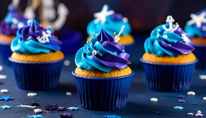 Close-up of cupcakes decorated with blue and purple frosting and nautical-themed sprinkles