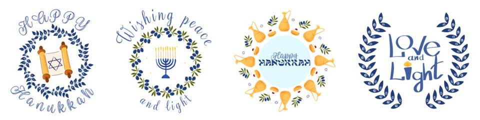 Hanukkah greeting card collection with hanukiah menorah, olive wreaths, scroll and holiday quotes in decorative vector style