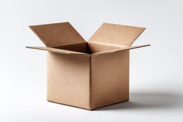 A plain cardboard box with flaps open is centered against a minimalist background. The box remains unmarked and unfilled, emphasizing its utility for storage or shipping purposes.