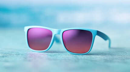 Stylish blue sunglasses with gradient purple lenses resting on a sandy surface, capturing the essence of summer and beach vibes, perfect for fashion and lifestyle imagery