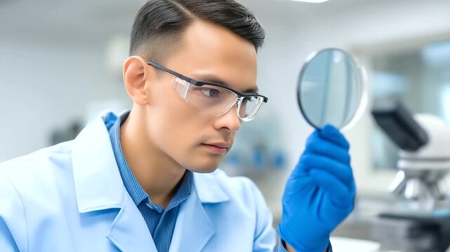 An optical glass manufacturing laboratory produces a precision lens with nanometer surface accuracy. An engineer is shown inspecting the flawless lens, which is destined for advanc