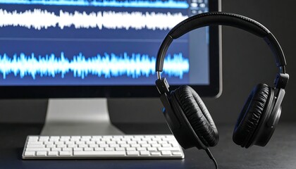 Headphones placed beside a computer showing audio waveforms in a modern workspace during daylight hours