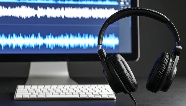 Headphones placed beside a computer showing audio waveforms in a modern workspace during daylight hours