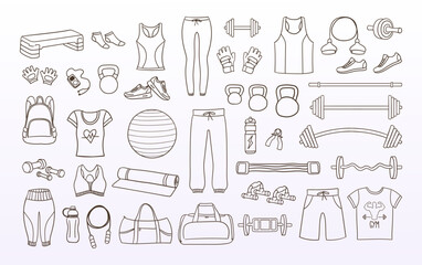 Cute hand-drawn fitness equipment doodle set. Perfect for surface designs, banner design,  prints, and crafting projects. A total of 42 items. Vector illustration.