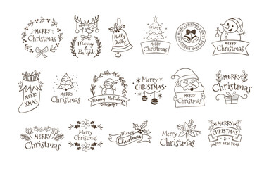 Cute hand-drawn Christmas label design set in doodle style. Perfect for sticker designs,  prints, and crafting projects. A total of 17 items. No editable text. Vector illustration.