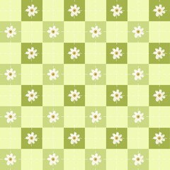 Green Gingham Checkered Pattern with White Daisies