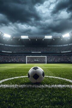 Soccer ball on penalty spot stadium lights stadium stands goal net green grass pitch dramatic cloudy sky anticipation of a penalty kick game sport