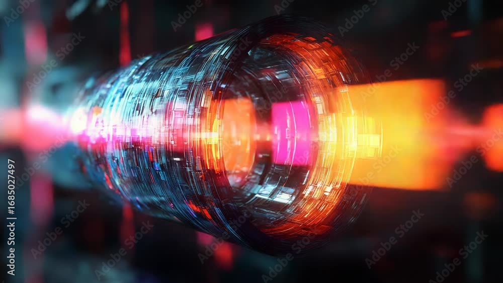 Poster futuristic glowing cylinder rotating and transmitting data in cyberspace