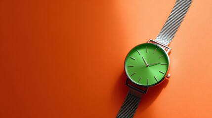 Stylish green watch with a sleek silver mesh band is elegantly displayed on a vibrant orange background, showcasing modern design and contemporary aesthetics for fashion enthusiasts