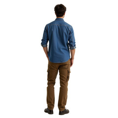 Fototapeta premium Casual Man in Blue Shirt and Khaki Pants Standing with Back to Camera