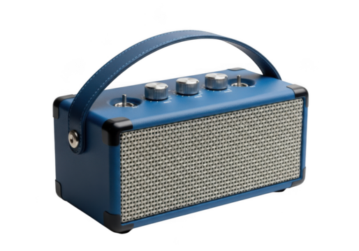 Blue portable speaker with handle isolated on transparent background