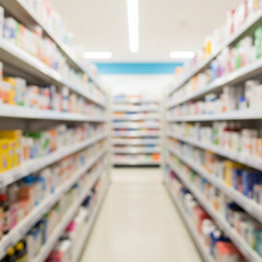 Fototapeta premium Pharmacy drugstore blur abstract backbround with medicine and healthcare product on shelves.