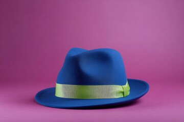 Blue fedora hat with a vibrant green ribbon sits elegantly against a soft pink background, showcasing its stylish design and unique color combination for fashion enthusiasts