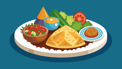 A plate of food with a spoon on it. The plate has a variety of food items, including fruits, vegetables, and a dessert. Scene is that of a festive meal, with the colorful presentation