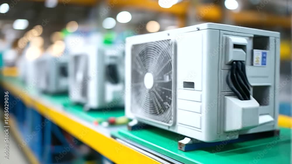 Poster an automotive air conditioning system assembly line is shown with automated refrigerant charging and