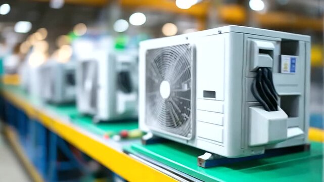 An automotive air conditioning system assembly line is shown with automated refrigerant charging and performance validation testing. Each unit is checked to ensure it provides opti