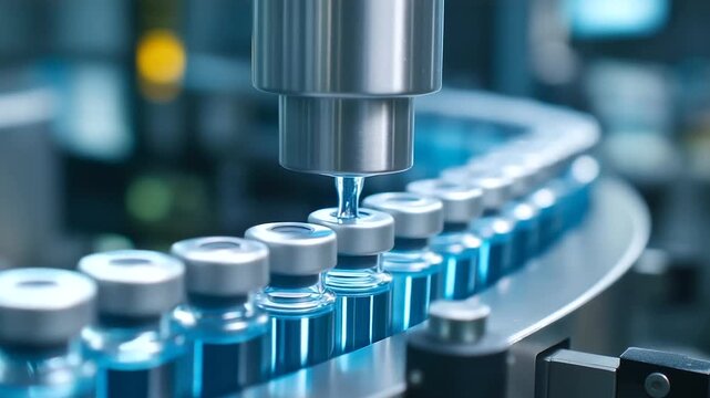 A sterile vial filling line uses isolator technology to protect the product from contamination. Robotic arms handle the vials inside a completely sealed, sterile environment, ensur