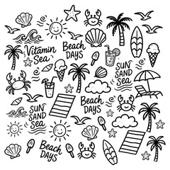 Playful seaside doodle collection featuring starfish, flip-flops, ice cream, waves, sandcastles, and beach umbrellas. Ideal for vacation graphics, stickers, and invitations.