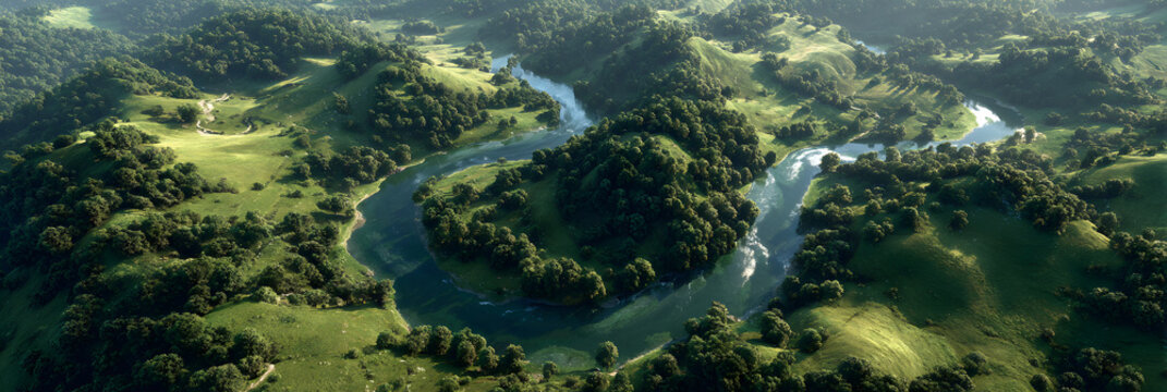 Aerial View of a Meandering River Bending Through Luh Green Landscape