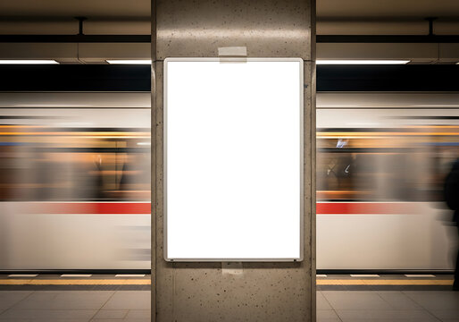 Blank advertising poster mockup on subway platform with blurred commuter train motion 