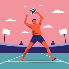 Obraz premium Dynamic flat vector illustration of a male volleyball player serving the ball during a competitive match in a stadium