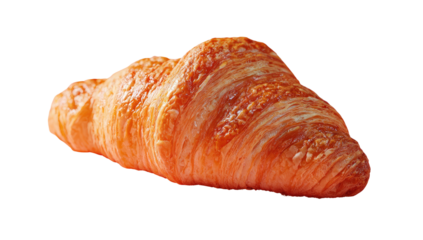 Close-up of a golden-brown croissant.  The pastry is layered and has a light, airy texture, visible in its  folded pattern