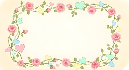 Rectangular floral frame with pink roses and pastel hearts on a soft yellow background