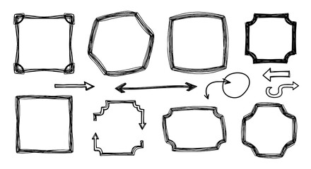 Doodle scribble sketch hand drawn handmade pencil pen marker set vector graphic design illustration art frame arrow set