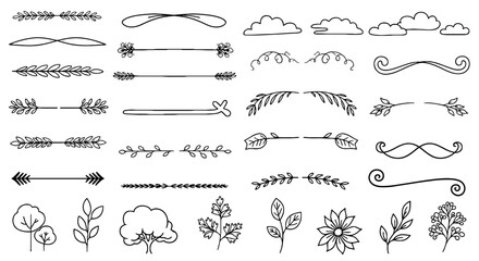Doodle dividers floral branch cloud line hand drawn art graphic design vector illustration set element