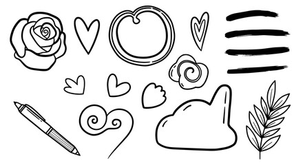Floral doodle sketch hand drawn heart rose set vector graphic design art illustration pen line outline shape