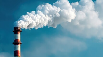 Thick white smoke rises from a tall industrial chimney against a bright blue sky, with a few fluffy clouds visible. The scene emphasizes industrial activity and environmental impact.