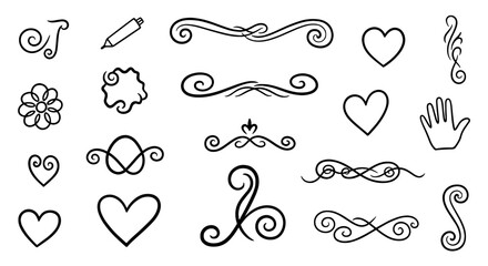 Doodle sketch scribble flourish swirl heart flower hand drawn pen art vector graphic design illustration business decor decoration element set