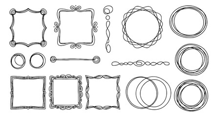 Hand drawn frame border set vector decorative design line art graphic square circle elements illustration ornament vintage