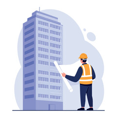 An engineer observing a blueprint with a towering high-rise building in the background, a minimalist 2D flat vector illustration.