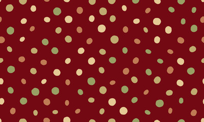 Charming handdrawn polka dot pattern in earthy tones on a deep red background. Perfect for festive designs, packaging, textiles, or website backgrounds.