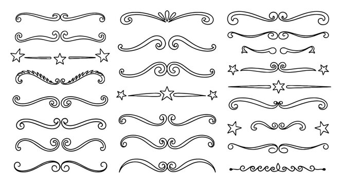 Divider flourish design decorative floral ornament line art vector graphic design element set doodle scroll frame vintage elegant