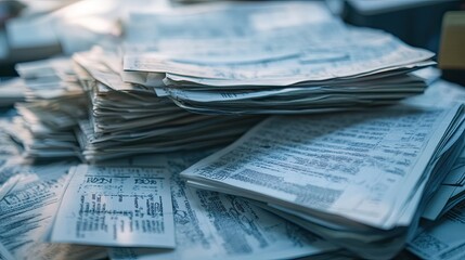Stacked Papers with Desk, and Office Clutter.