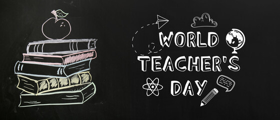 Drawn stack of books and apple on chalkboard