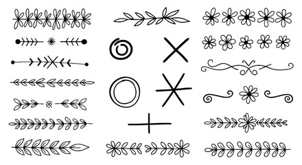 Doodle decorative floral divider line element vector graphic design illustration art symbol circle cross plus sign flower leaves hand drawn handmade pen