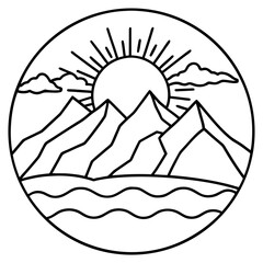 Sunset Behind Peaks – Minimal Outline Design