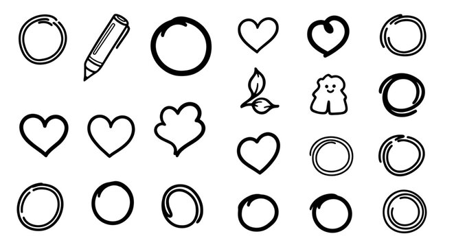 Doodle icons sketch scribble heart leaf pen circle set vector graphic design illustration art for business infographic journal bullet point