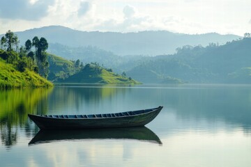 Obraz premium Rowboat on calm lake near hills
