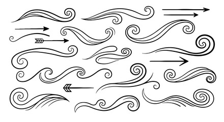 Fototapeta premium Swirls flourishes arrows line art decorative vector graphic design flourish ornament illustration retro doodle decoration hand drawn element set