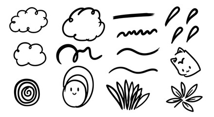 Doodle sketch scribble hand drawn cloud line drop leaf cat vector graphic design illustration art element brush grass nature set