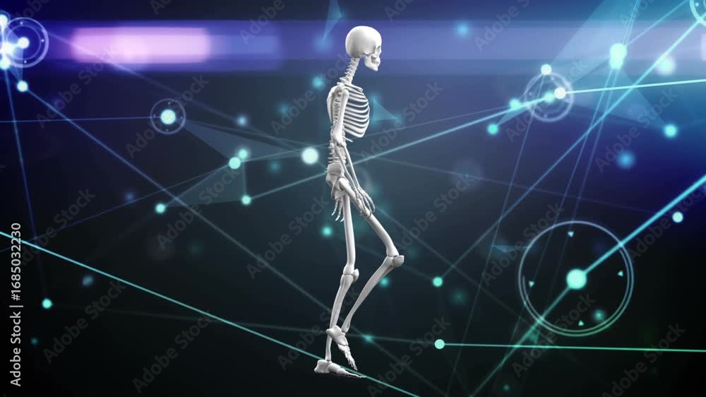 Poster animation of network of connections and data processing over human body model