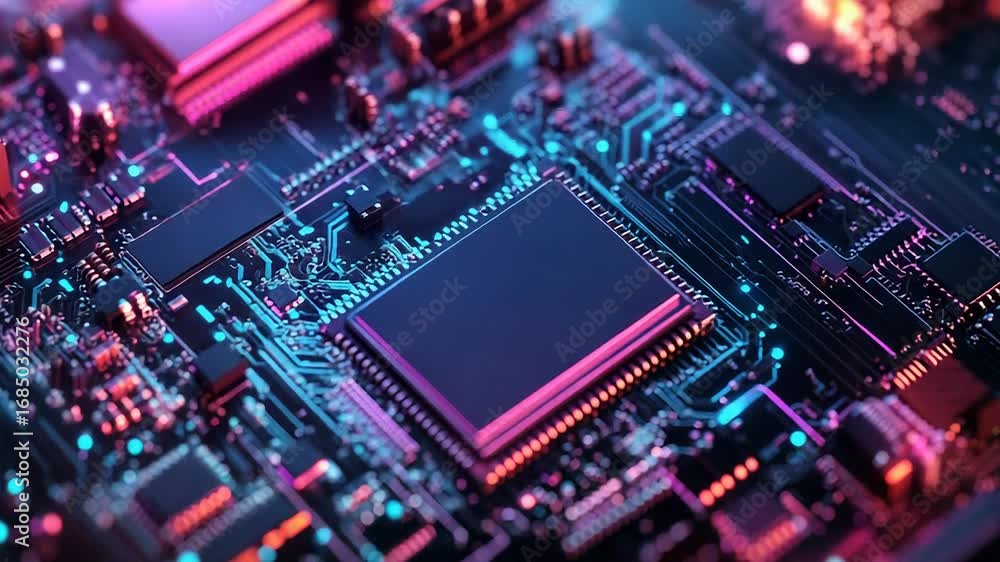 Poster cpu processing data on motherboard with futuristic lighting