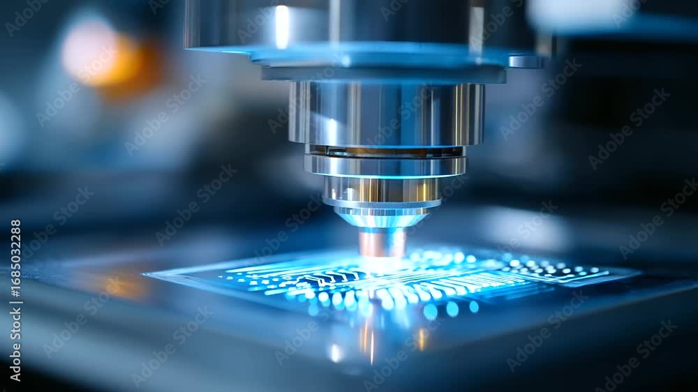 Poster advanced lithography equipment projects an intricate, glowing blue circuit pattern onto a silicon se