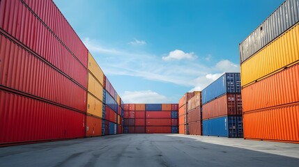 Fototapeta premium Vibrant rows of colorful stacked shipping containers under a bright blue sky with fluffy white clouds signifying global trade and logistics operations