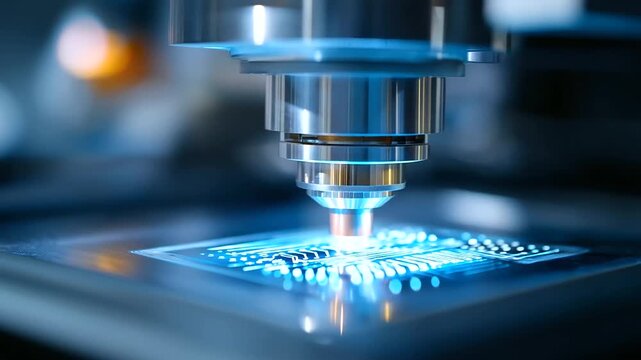 Advanced lithography equipment projects an intricate, glowing blue circuit pattern onto a silicon semiconductor wafer. This cutting-edge photolithography technology operates in a c